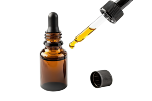 Brown glass dropper bottle with a pipette dropper dispensing liquid, isolated on a transparent background. Ideal for essential oils or serums. png