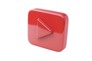 3D rendering of a shiny red play button icon with a triangular symbol, isolated on a transparent background. png