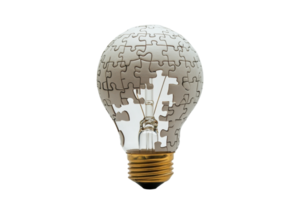 Creative concept image of a light bulb made of puzzle pieces, symbolizing ideas, innovation, and problem solving on a transparent background. png