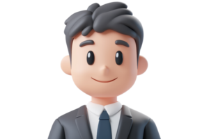 3D illustration of a smiling cartoon businessman in a suit and tie, isolated on a transparent background. png