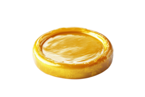 Close-up of a single round caramel candy with smooth glossy surface on a transparent background. highlighting its rich golden-brown color. png