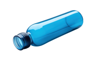 High-quality image of an empty blue plastic bottle lying on its side, isolated on a transparent background. perfect for packaging and recycling themes. png