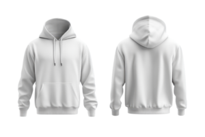 White hoodie template on transparent background showing front and back views, perfect for apparel design mockups and branding purposes. png