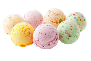 Assorted colorful ice cream scoops in different flavors on transparent background. Perfect for summer, dessert, and ice cream themes. png
