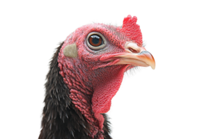 Close-up of a bird's head showcasing intricate feather details and vibrant red skin against a clean, transparent background. png