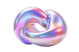 Abstract 3D iridescent twisted torus with holographic colors on transparent background. digital illustration of modern shape. png