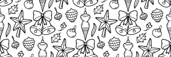 Christmas outline pattern. Horizontal background with Christmas tree toys, bows, cones, bells, star on top of fir. Festive winter doodle background. illustration for holidays, wrapping paper. vector