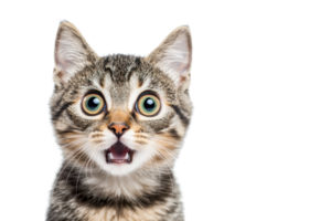 Close-up of a surprised tabby kitten with wide eyes and open mouth, isolated on transparent background. png