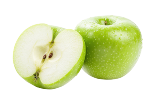 Close-up of a fresh green apple, whole and halved, showcasing the juicy interior and seeds on a transparent background. perfect for health and nutrition concepts. png