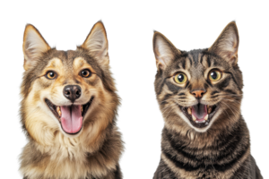 Adorable happy dog and cat side by side with joyful expressions, isolated on a transparent background. Perfect for pet-related content and advertising. png
