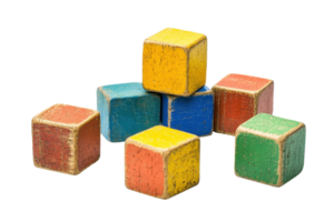 Close-up of colorful vintage wooden toy blocks arranged in a playful stack, creating a nostalgic and charming childhood aesthetic. png