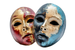Closeup of two vintage theatrical masks with distressed paint on transparent background. evoking themes of drama and emotion. png