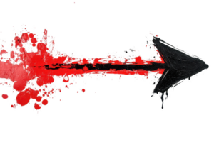 Dynamic black arrow with red splash paint effect on transparent background. symbolizing direction, movement, creativity, and abstract art. png