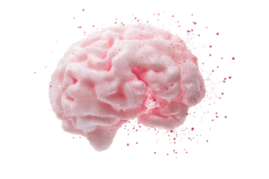 Pink brain model on a transparent background. with abstract splashes around it, representing creativity, knowledge, and imagination. png