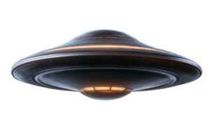 Futuristic flying saucer UFO emitting light, isolated on transparent background. Concept of aliens, sci-fi, and space exploration. png