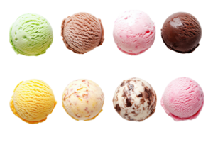 Eight colorful scoops of various flavored ice cream arranged in a row isolated on a transparent background. png