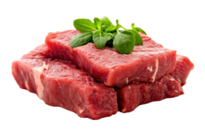 Fresh, raw beef steaks stacked with green basil leaves on top. High-quality meat ready for cooking. Isolated on transparent background. png