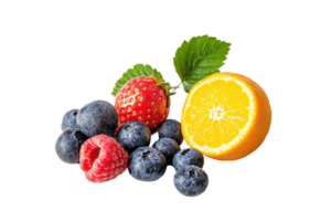 Fresh assorted fruits including blueberries, strawberries, raspberries, and a halved orange with leaves isolated on a transparent background. png