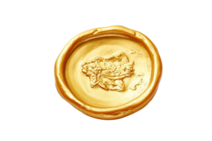 Golden wax seal with intricate design isolated on transparent background. symbolizing authenticity, elegance, and tradition. png