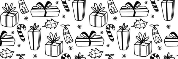 Christmas gift outline pattern. Festive winter doodle background. Hand drawn gift boxes with bows and ribbons. Minimalistic horizontal design for holidays, wrapping paper. illustration. vector