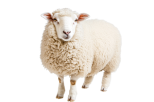 Portrait of a fluffy white sheep standing isolated on a transparent background. showcasing its woolly coat and innocent expression. png