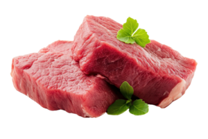 Fresh raw beef steak cut into portions, garnished with green herbs, isolated on transparent background. ready for cooking and grilling. png