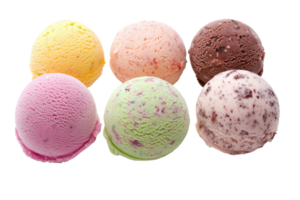 Six colorful scoops of delicious ice cream in various flavors arranged on a transparent background. creating a delightful dessert presentation. png