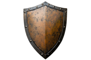 Rusted medieval shield with weathered metal surface and riveted edges, symbolizing protection and historical armor. Isolated on transparent background. png