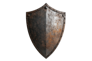 Iron medieval shield with weathered texture, isolated on a transparent background. showcasing antique craftsmanship and historical significance. png