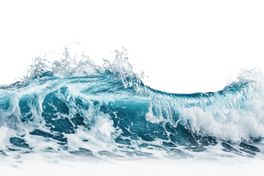 Surging ocean wave with white foam crest in a dynamic, powerful motion conveying the beauty and force of nature in the open sea. png