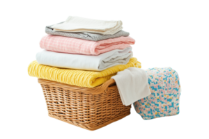 Stack of freshly folded laundry in a wicker basket with colorful clothes and diapers for household cleanliness and hygiene. png