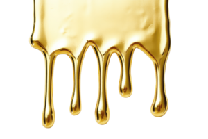 Golden liquid dripping against a transparent background. creating a shiny and luxurious visual effect. png