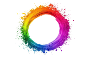 Vibrant rainbow color splash in a circular shape creating a stunning visual art piece on a transparent background. png