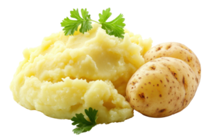 A delicious serving of creamy mashed potatoes garnished with fresh parsley, paired with two whole potatoes, ready to be enjoyed. png