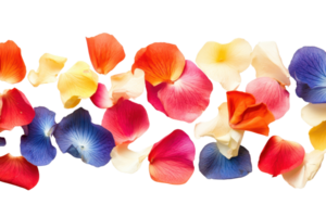 A vibrant arrangement of colorful flower petals, including reds, blues, and yellows, on a transparent background. perfect for decorative use. png