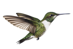 Beautiful close-up of a green and white hummingbird in mid-flight, showcasing intricate details and vibrant colors, isolated on transparent background. png