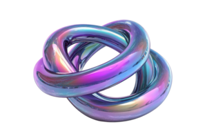 Abstract 3D rendering of a colorful, shiny, interlocking knot with an iridescent finish, isolated on a transparent background. png