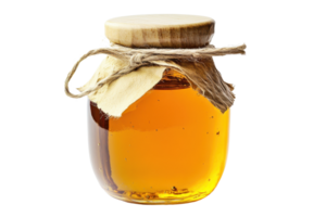 A clear jar filled with golden honey, sealed with a wooden lid and rustic twine, perfect for culinary and health uses. png