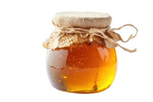 A jar of golden honey with a rustic burlap lid isolated on transparent background. showcasing its natural sweetness and rich texture. png