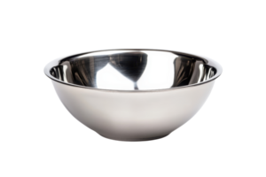 A sleek, stainless steel bowl with a reflective surface, perfect for mixing, serving, or displaying in a modern kitchen. png