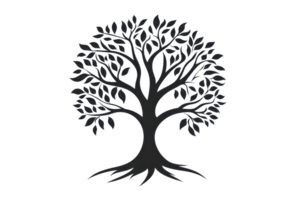 Black silhouette of a tree with detailed branches and leaves. Ideal for nature, environment, and life-themed designs and projects. png