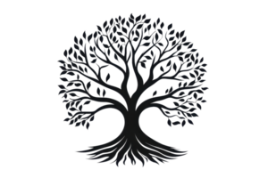 Black silhouette of a tree with intricate branches and roots. Ideal for nature, organic, and environmental themes in designs. png
