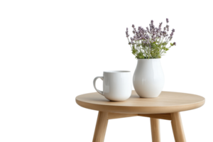 Cozy scene with a white mug and lavender flowers in a vase on a wooden table, perfect for decor or relaxation themes. png