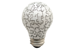 Creative light bulb composed of jigsaw puzzle pieces symbolizing innovation, intelligence, and problem-solving. Ideal for business and education themes. png