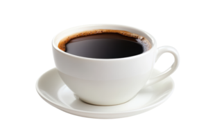 White ceramic cup filled with hot black coffee on a matching saucer, isolated on a transparent background. perfect for morning refreshment imagery. png