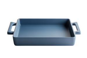 Empty blue rectangular baking dish with handles, ready for cooking. Ideal for baking, roasting, and serving various meals at home. png