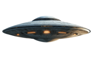 A realistic illustration of a flying saucer UFO with glowing lights, isolated on a transparent background. png