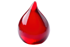 Close-up of a translucent red glass drop. Perfect for use in medical, science, and design-related projects. Isolated on a transparent background. png