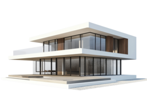 Modern two-story house with large glass windows, minimalist design, and spacious balconies in a contemporary architecture style. png
