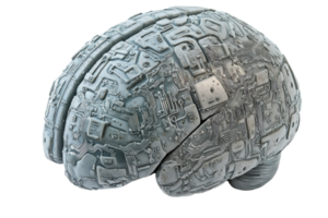 Futuristic cybernetic brain model showcasing artificial intelligence and technological advancement. png
